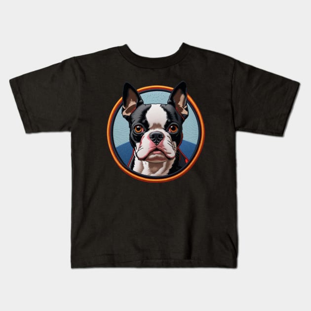 Boston Terrier Embroidered Patch Kids T-Shirt by Xie